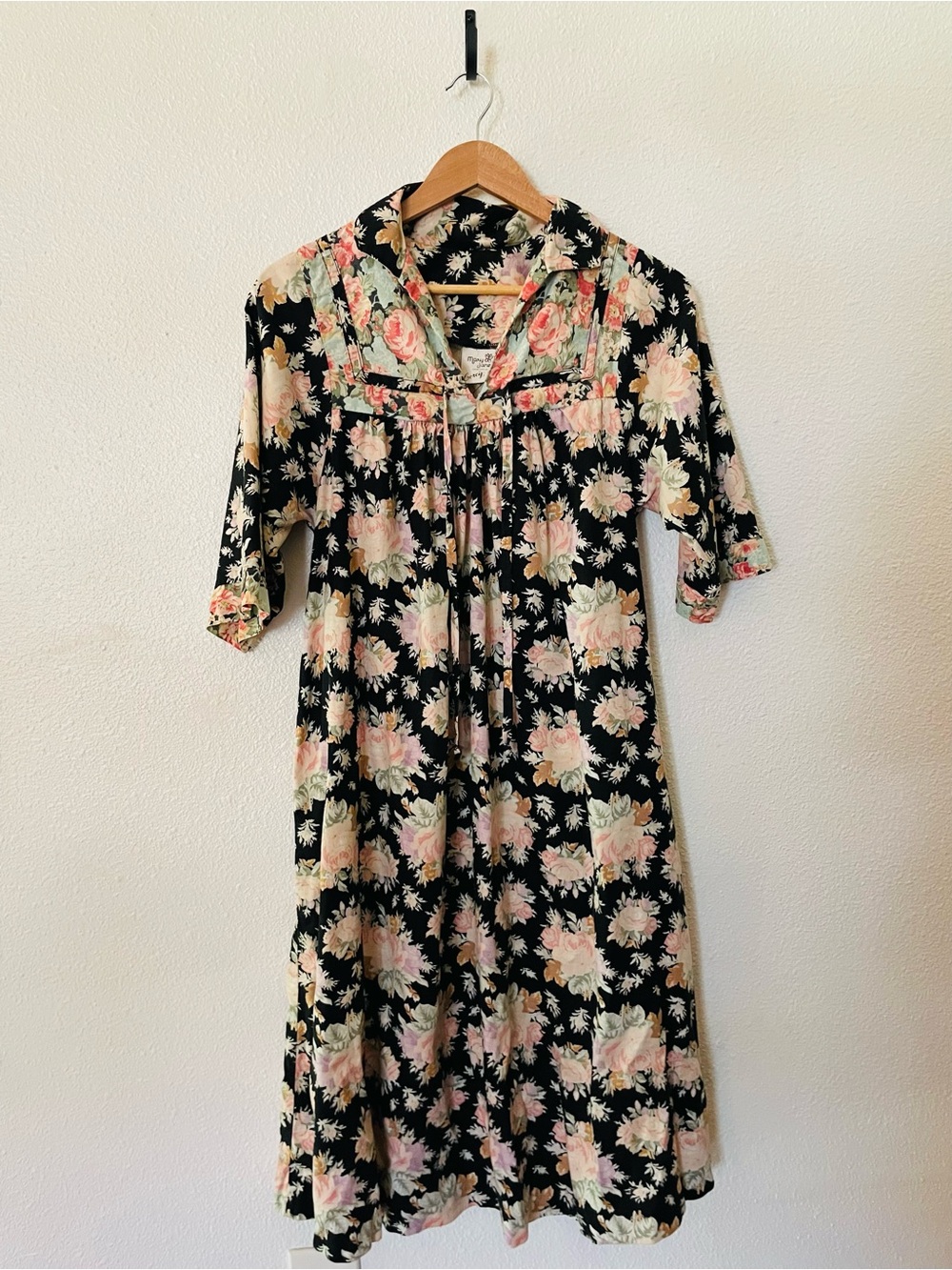 Vintage boho Mary Jane Black Floral Midi Dress with Pink & Cream Roses